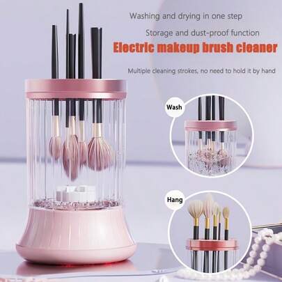 Máy làm sạch cọ trang điểm điện tự động, dụng cụ 3 trong 1 cầm tay đựng và sấy khô cọ trang điểm mắt dành cho nữ, máy làm sạch cọ trang điểm xoay tự động, dụng cụ thiết yếu cho làm đẹp và trang điểm.