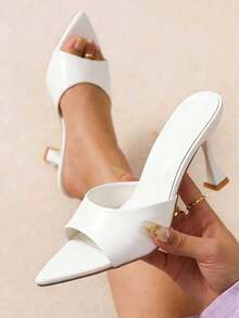 Giày sandal cao gót mũi nhọn màu trắng thời trang mùa hè dành cho nữ, kiểu dáng slip-on, hở mũi, gót thấp, phù hợp cho mặc hàng ngày, dự tiệc, hẹn hò, đi làm và các dịp khác. - trắng - Xem 1