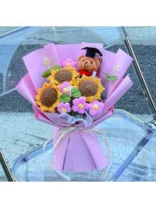 1pc Graduation Season Teddy Bear & Sunflower Bouquet (Gift Bag Included) - Handmade Knitted Floral, Suitable For Classmates, Teachers, Reunion, Home Decor, Birthday, Graduation, Mother's Day, Random Blue Color (Random Flower Bag) - View 6