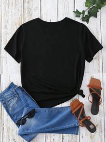 Camiseta ajustada de mujer de manga corta con cuello redondo y estampa de cruz, informal para el verano - Negro - Ver 3