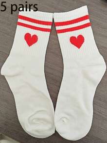 1 par de calcetines deportivos de media pantorrilla para mujer con diseño de corazón y rayas, adecuados para el Día de San Valentín y el otoño - Rojo y blanco - Ver 6