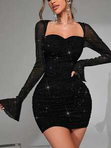 Women's Heart Neck Mesh Flare Sleeve Fitted Dress, Sexy Girl Style Pleated Long Sleeve Skirt Black - Black - View 5
