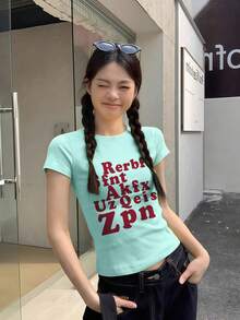 Red Letter Print Short Sleeve T-Shirt For Women, Summer Sexy Slim Fit Cropped Design Top Casual - Mint Green - View 2