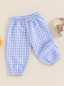 Pantalones largos a cuadros para niños y niñas pequeños con cintura elástica, adorables y casuales. - Azul - Ver 5