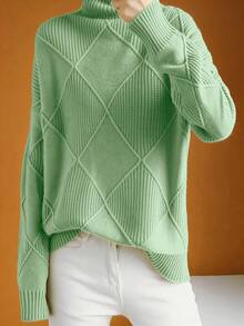 Plus Size Solid Color Turtleneck Long Sleeve Sweater, Autumn/Winter - Mint Green - View 5
