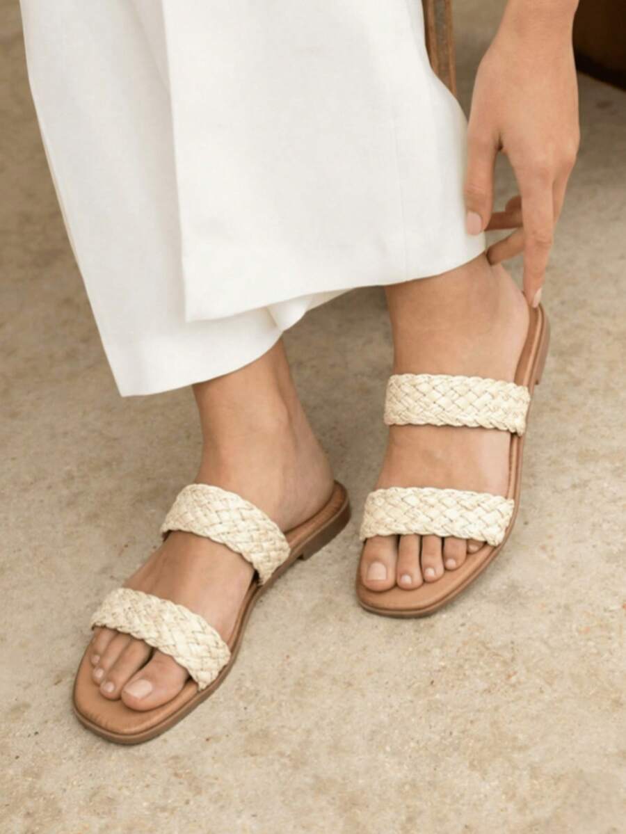 Woven Double-Strap Slide Sandals With Ergonomic Insole - Krem - View 1