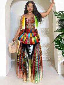 Colorful African Print Maxi Dress With Geometric Patterns And Face Art Design For Women Summer Fashion Statement Piece Long Sleeveless Dress - 彩色 - 查看 2