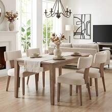 HNY Mid Modern Dining Chairs Set Of 4, Farmhouse Linen Fabric Upholstered Accent Curved Backrest Kitchen Chairs, With Hardwood Frame, Beige - Kem cong - Xem 9