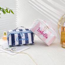 Personalized Striped Colorblock Cosmetic Bag, Pillow Shape Makeup Organizer With Zipper, Portable Travel Toiletry Bag, Open Flat Toiletry Bag, Gift - Multicolor - View 11