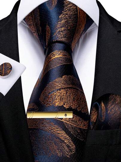Men's Blue Golden Leaves Tie Set – Includes Pocket Square, Cufflinks & Gold Tie Clip, Bold Formal Necktie For Celebrations,Accessories,Festival,Gifts