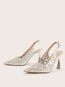 Giày sandal cao gót mũi nhọn sang trọng đính đá toàn thân bằng lưới, kiểu dáng mới dành cho nữ mùa xuân/hè, thích hợp cho tiệc tùng/đám cưới. - Bạc - Xem 3