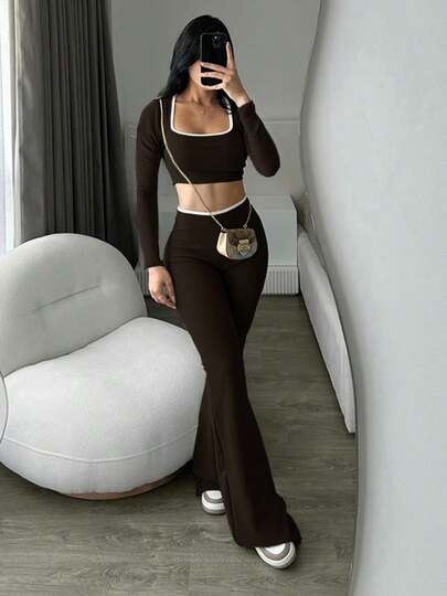 Conjunto de top de manga larga y pantalones acampanados de cintura baja, elástico, cómodo y estilizante para mujer, primavera