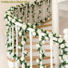 3 piezas Enredadera de rosas artificiales extra largas - Hojas y rosas de plástico realistas, decoración colgante para bodas, aniversarios, centros de mesa para el hogar, chimenea y comedor, sin mantenimiento, decoración de mesa navideña - Blanco - Ver 6