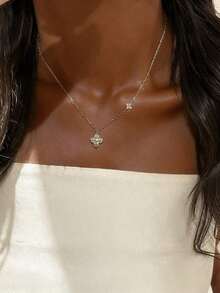 Elegant Four-Leaf Clover Necklace, Chic And Graceful Style, High-Quality Chain, Long Design, Graceful Tassel Necklace, Suitable For Women, Valentine's Day, Mother's Day Gift - 雙四葉草項鍊 - 銀色 - 查看 13