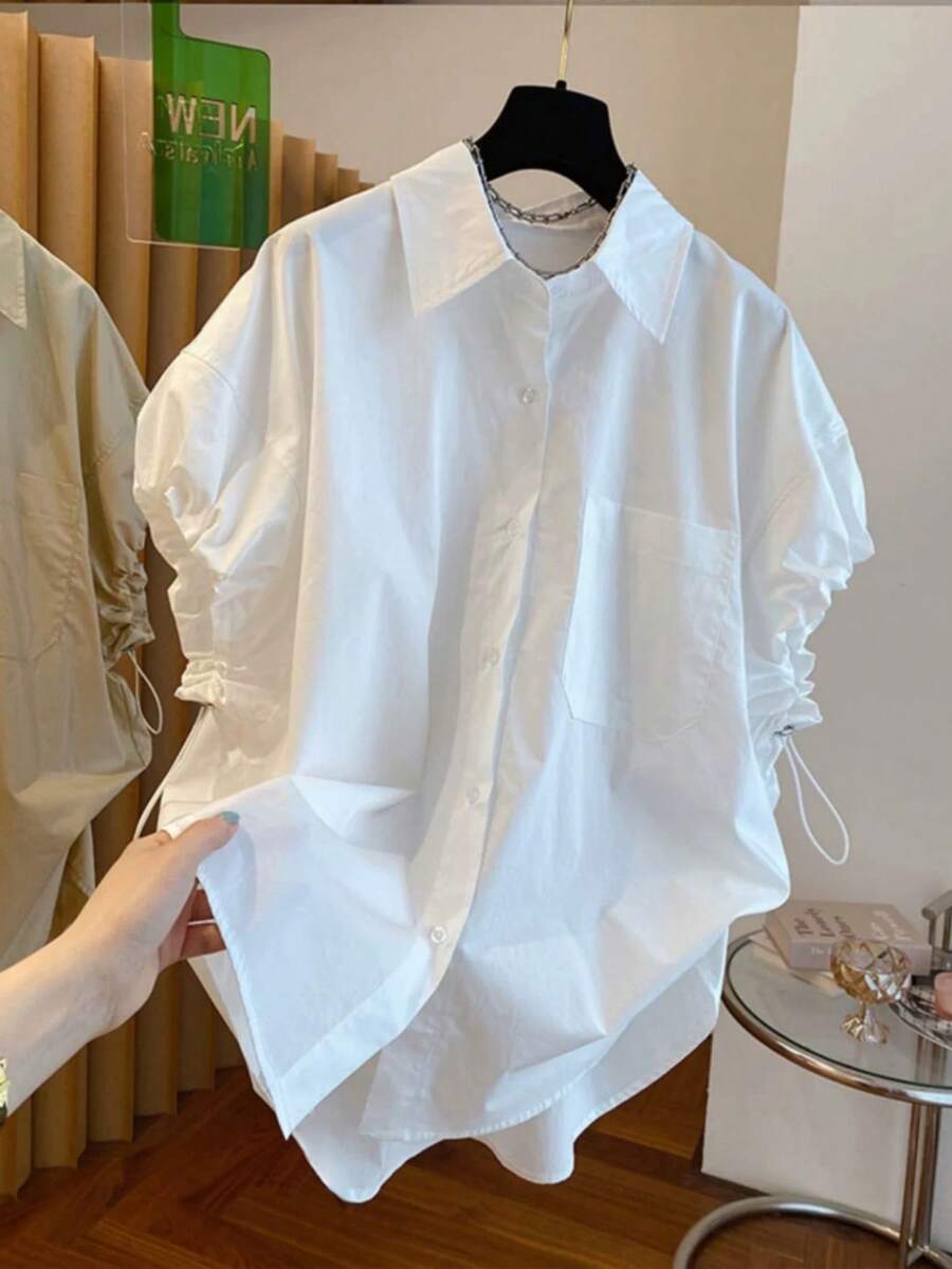 女款寬鬆休閒抽繩白色輕量梭織襯衫/上衣,春夏秋季,短帽袖,鈕扣,口袋,休閒極簡度假旅行日常通勤 - 白色 - 查看 1