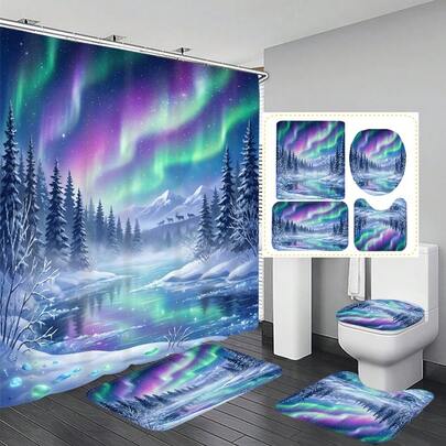 Bộ 1/4 món rèm tắm trang trí phòng tắm đa năng họa tiết rừng tuyết cực quang, kèm 12 móc treo miễn phí, tạo không gian nghỉ lễ trang nhã, thảm phòng tắm, thảm chữ U và thảm tròn, phù hợp với mọi không gian phòng tắm.