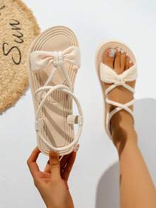 Women's Summer New Casual Beach Slippers With Tassel Decor, Criss-Cross Strap, Round Toe, Beige Color Open Toe Sandals - Off White - View 1