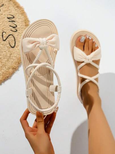 Women's Summer New Casual Beach Slippers With Tassel Decor, Criss-Cross Strap, Round Toe, Beige Color Open Toe Sandals
