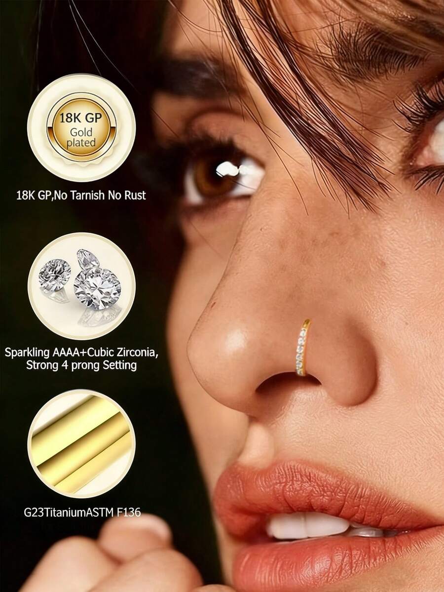 1 件 G23 钛立方氧化锆，16G 穿孔鼻环，女士耳环，内径可选 6mm/8mm/10mm/12mm。适用于女士鼻环、耳洞、耳廓环。 - 金色 - 查看 1