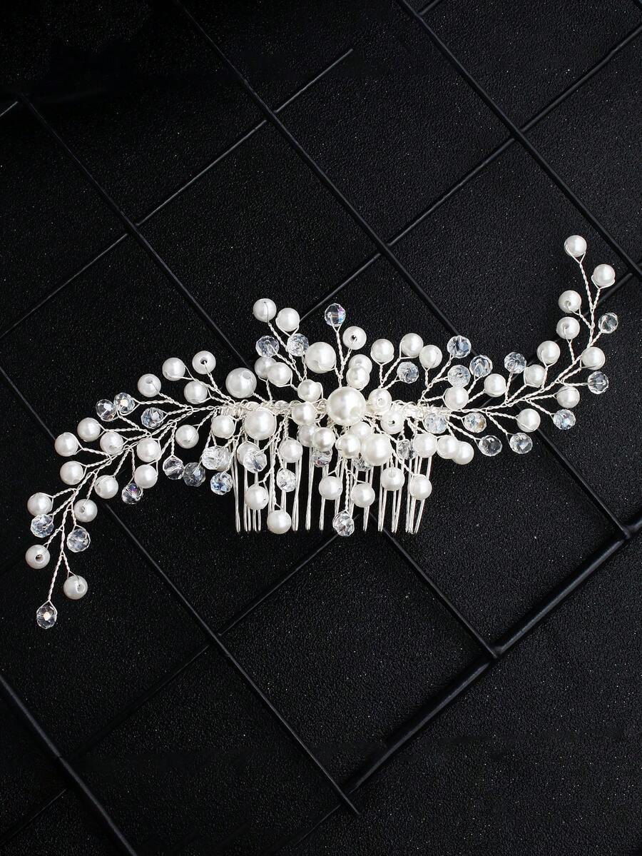 1pc Elegant Crystal Bridal Hair Comb Headpiece, Minimalist Sparkling Bridal Accessory,Summer,Beach,Wedding - White - View 1