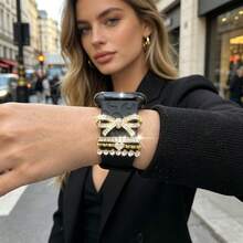 4pcs Zinc Alloy Pendant, Sparkling Rhinestone Bow & Crystal Ring Decorations, Luxury Shiny Watch Accessory Set, Suitable For Women To Make Your Watch More Charming And Brilliant (Watch Band Not Included) - Mouldless - View 1