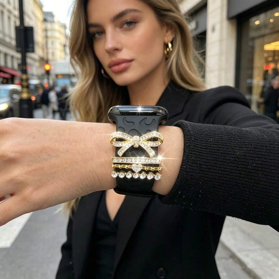 4pcs Zinc Alloy Pendant, Sparkling Rhinestone Bow & Crystal Ring Decorations, Luxury Shiny Watch Accessory Set, Suitable For Women To Make Your Watch More Charming And Brilliant (Watch Band Not Included) - Mouldless - View 1