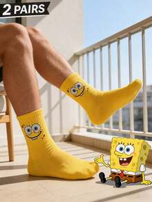 SpongeBob SquarePants 2双卡通情侣袜，休闲中筒袜，适合春夏及所有季节 - 黃色 - 查看 3