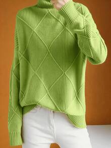 Plus Size Solid Color Turtleneck Long Sleeve Sweater, Autumn/Winter - Green - View 5
