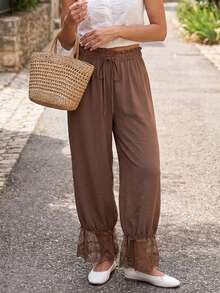 Women Linen Lace Trim Long Bloomers Pants Ruffle Victorian Vintage Pantaloons Summer Beach Travel Vacation Pants - 紅棕色 - 查看 3