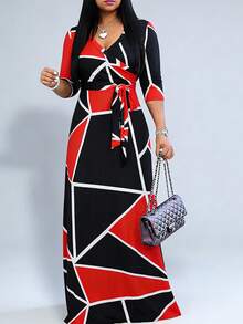 Summer Dress, Short Sleeve Knit, Stretchy, Waist Tie, Deep V-Neck, Maxi Length, Elegant Patchwork Dress Vacation Black Spring - Black - View 3