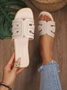 New Fashion Square Toe Flat Sandals For Women - Beige - View 4
