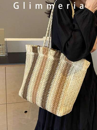 时尚百搭撞色条纹编织单肩腋下包，大容量夏季海滩度假通勤手提包