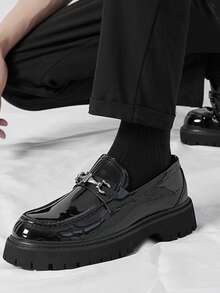 Couples Button Decor Derby Shoes, Men's Fashionable Platform Oxfords, Slip-On Loafers, British Style Dress Shoes, Business Casual Daily Walking Shoes, Men's Shoes, Glossy Uppers Anti-Slip Soles, Office Casual Men's Shoes Matching Suits, Size 38-46 Business Formal Men's Shoes - Black - View 6