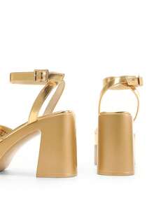 Women Platform Chunky High Heeled Sandals Open Toe Buckle Decor Ankle Strap Heeled Sandals - 金色 - 查看 7