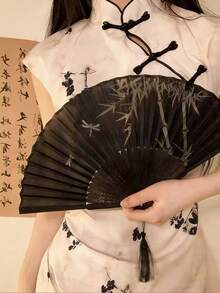 1pc Vintage Chinese Ink Painting Bamboo Folding Fan, Suitable For Hanfu, Cheongsam, Carry-On Chinese Style Accessories - Bamboo Pattern - View 2