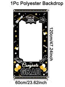 1 pieza Marco de foto de fondo para graduación 2026, marco de cabina fotográfica impreso con lema "Felicitaciones graduado" de 120x60cm, fondo de foto de poliéster negro y dorado, adecuado para suministros de fiesta de graduación de la clase de 2026, plano 2D - Multicolor - Ver 9