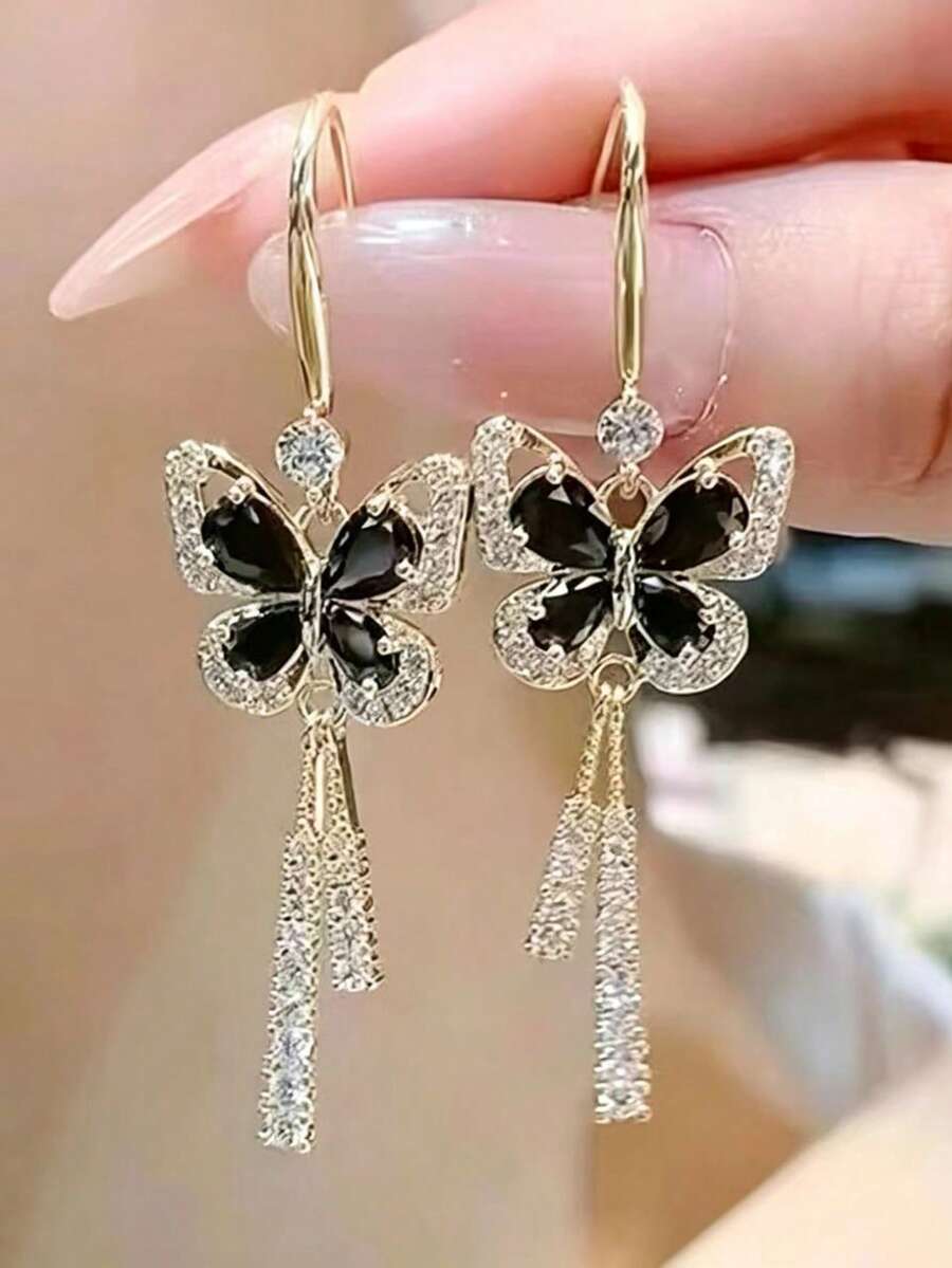 1 Pair Rhinestone Butterfly Pendant Earrings For Women, New Arrival Luxury Micro-Inlaid Elegant Versatile Earrings, Unique Design - Gold - View 1
