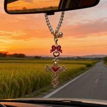 Colgante de coche con lazo y cruz, súper decoración colgante interior de coche, cruz de strass, decoración del espejo retrovisor del coche, accesorios interiores del coche - colgante de cruz - Ver 4