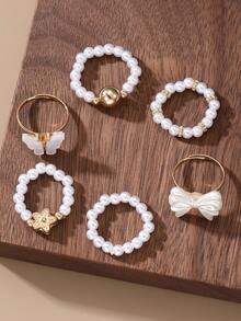 6件套女孩蝴蝶、珍珠、花朵、心形戒指套装 - 金色 - 查看 2