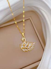 1 chiếc dây chuyền mặt hình thiên nga mạ vàng đính đá CZ dành cho nữ, dây choker bằng thép không gỉ mảnh mai, món quà trang sức thanh lịch dành tặng mẹ nhân Ngày của Mẹ. - Vàng - Xem 2