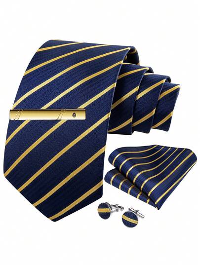 Bộ cà vạt sọc xanh vàng dành cho nam – Bao gồm khăn cài túi áo, khuy măng sét và kẹp cà vạt vàng, cà vạt trang trọng cho các dịp lễ kỷ niệm.