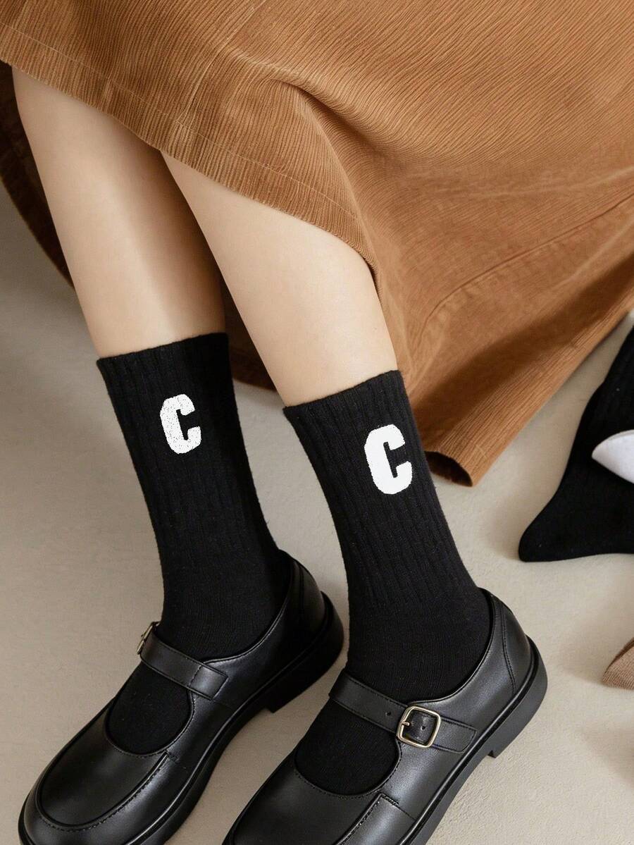 1 Pair Women's Mid-Calf Socks, Versatile Shark Print Long Socks, Casual Sports Socks, Merrald Letter Socks - Multicolor - View 1