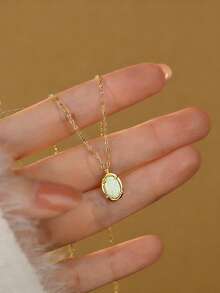 1 pièce Collier pendentif ovale en opale en argent sterling S925, design élégant minimaliste, design de niche élégant et classique de luxe pour la chaîne claviculaire, convient pour les cadeaux de la Saint-Valentin, de la Fête des Mères - ovale - Voir 2