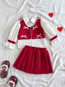 女婴时尚休闲可爱套装，公主袖简约衬衫+蝴蝶结短款背心+配套褶裥背心 - 酒紅色 - 查看 1