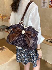 Bolso de mano con pliegues y lazo a lunares, estilo retro dulce, diseño con ribete de encaje, bolso de hombro versátil y de moda para mujer. - Negro - Ver 7