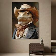 Framed 1 pieza, con marco,  [2D plano] Impresión en lienzo de arte de vaquero lagarto peculiar, retrato divertido de reptil, arte de pared de animal elegante, decoración de pared de iguana, 2D plano - Enmarcado - Ver 1