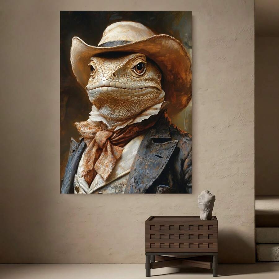 Framed 1 pieza, con marco,  [2D plano] Impresión en lienzo de arte de vaquero lagarto peculiar, retrato divertido de reptil, arte de pared de animal elegante, decoración de pared de iguana, 2D plano - Enmarcado - Ver 1