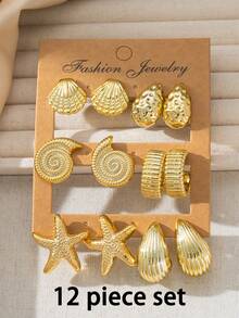 2-12 pièces Boucles d'oreilles dorées assorties à la mode, comprenant des coquillages, des conques, des étoiles de mer, des gouttes texturées et des clous en forme de C, convenant pour le port quotidien des femmes, les voyages à la plage et les vacances - Doré - Voir 6
