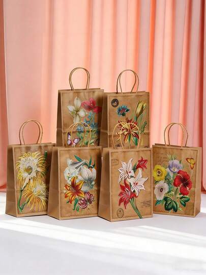 12/6pcs Retro Floral Pattern Gift Bags, Colorful Floral Print Gift Packaging Bags, Sturdy Paper Handles, Reusable, Suitable For Weddings, Birthdays, Anniversaries, Mother's Day, Valentine's Day Parties, Campus Events, Corporate Meetings, Handicrafts And Retail Decorations, Best Choice For Girlfriend Or Mother