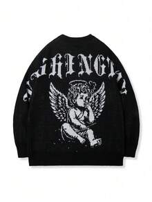 Autumn/Winter New Gothic Style Unisex Casual Sports High Street Streetwear English Text Heart Pattern Plus Size Knit Sweater - Black - View 4